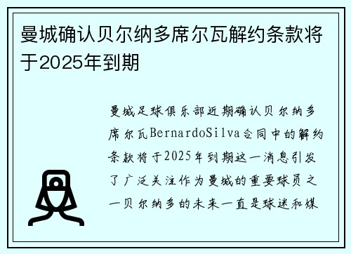 曼城确认贝尔纳多席尔瓦解约条款将于2025年到期 曼城确认贝尔纳多席尔瓦解约条款将于2025年到期